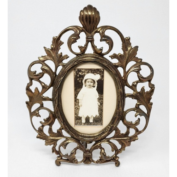 Antique Victorian Cast Metal Brass Oval Picture Frame Swing Easel Filigree 8x10